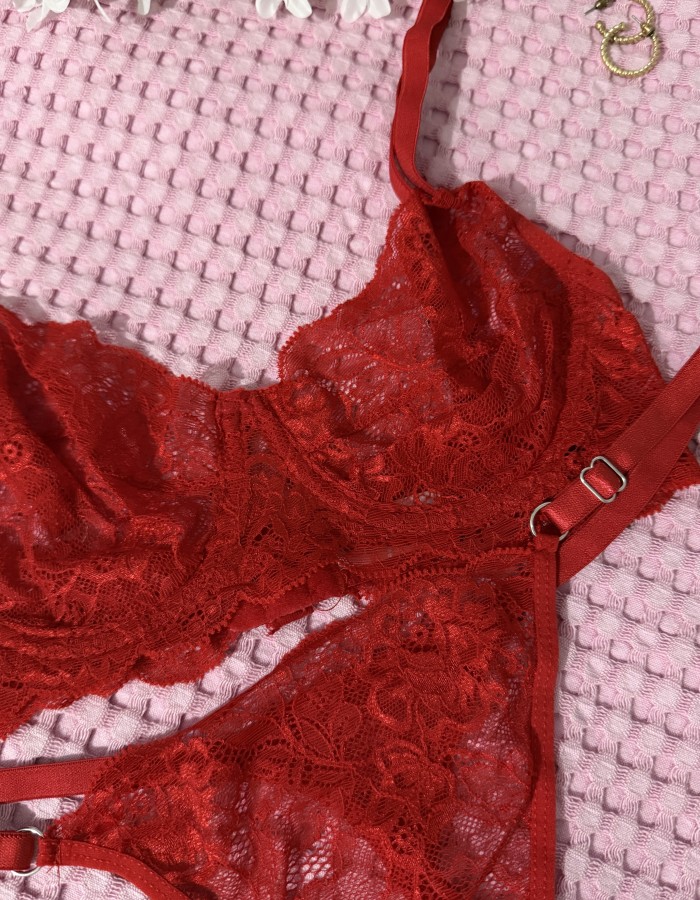 Kırmızı Dantelli Bralet Takım