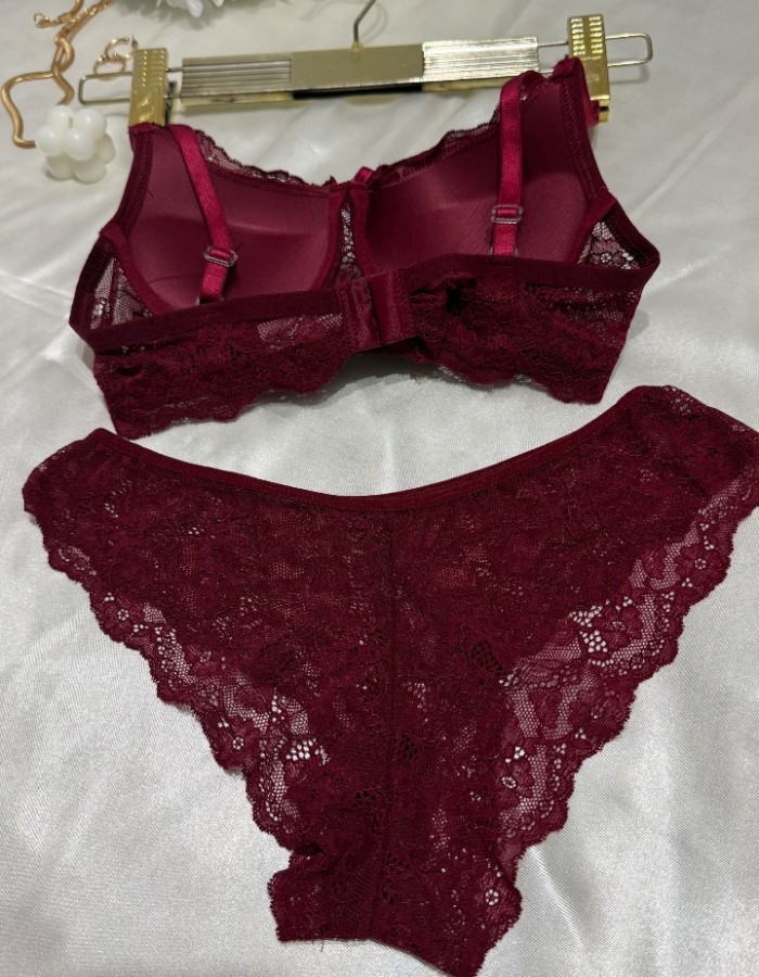 Bordo Dantel Sütyen Külot Takım
