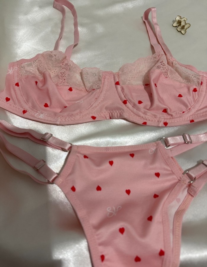 Kalp Desenli Pembe Bralet Takımı